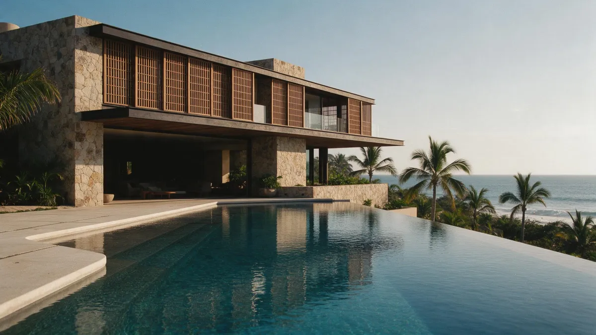 Casa residencial contemporánea de piedra y madera con terraza y alberca en la costa mexicana, con luz suave de la tarde
